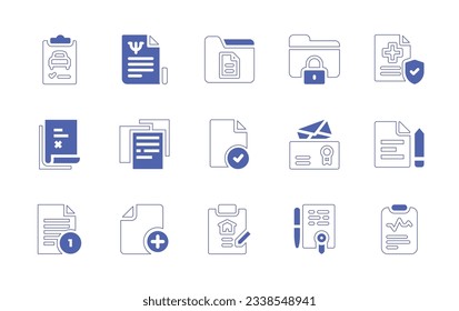 Documentation icon set. Duotone style line stroke and bold. Vector illustration. Containing electric car, document, folder, health insurance, notes, check, official documents, files, add, contract.