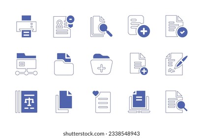 Documentation icon set. Duotone style line stroke and bold. Vector illustration. Containing printing machine, document, add, file, add file, contract, legal document, documents, laptop.