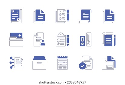 Conjunto de iconos de documentación. Curso de línea de estilo duotónico y negrita. Ilustración vectorial. Contiene documentos, documento, formulario, portapapeles, archivo, contratos inteligentes, nota, archivo.