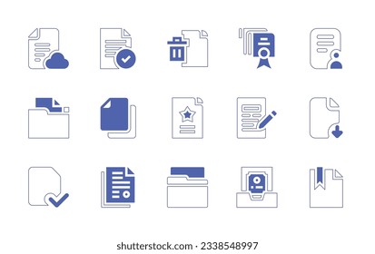 Conjunto de iconos de documentación. Curso de línea de estilo duotónico y negrita. Ilustración vectorial. Contiene archivo, archivo de eliminación, documento, usuario de perfil, carpeta, descarga.