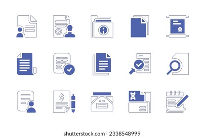 Conjunto de iconos de documentación. Curso de línea de estilo duotónico y negrita. Ilustración vectorial. Contiene informe, sello, carpeta, documentos, documento legal, documento, aceptación, archivo, control de calidad, búsqueda, formulario.
