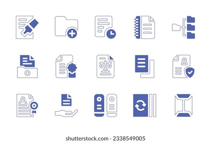 Documentation icon set. Duotone style line stroke and bold. Vector illustration. Containing document, add, clock, file, legal, documents, profile, certified, information, archive, recycled paper.
