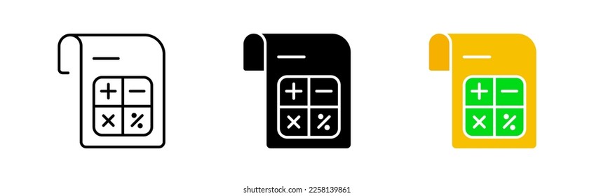 Documentation icons set. Accountant, form. calculations, bookkeeping, documents, calculator, technology, finance, app, math, data, economics. business concept. vector line icon in different styles