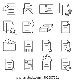 documentation icons set, thin line design. business papers and files. various interactions with the document, linear symbols collection. isolated vector illustration.