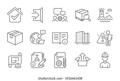 Documentation, Lighthouse and Send box line icons set. Algorithm, Technical info and Parcel signs. Search package, Buildings and Engineering team symbols. Exit, Engineering plan and Foreman. Vector