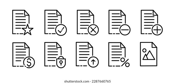 Documentación. Icono de línea, negro, documentos diferentes. Iconos del vector