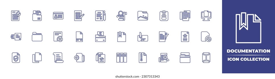 Documentation line icon collection. Editable stroke. Vector illustration. Containing exam, documents, driving license, document, folder, notes, monitor, delete document, papers, zip file, paper, file.