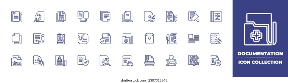 Colección de iconos de la línea de documentación. Trazo editable. Ilustración vectorial. Contiene documentos, búsqueda, intercambio, archivo, laptop, contrato inteligente, regulación, documento legal, registros médicos, expediente.