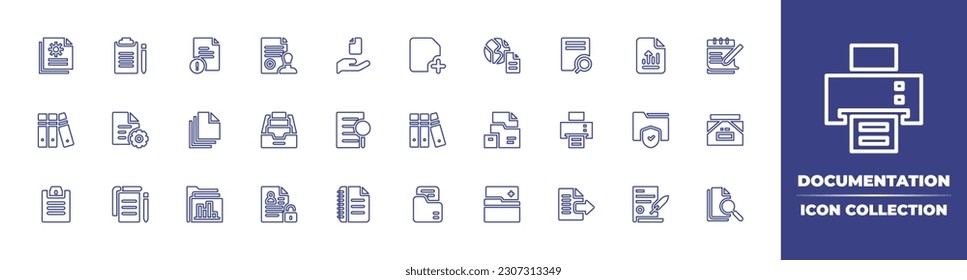 Documentation line icon collection. Editable stroke. Vector illustration. Containing documents, document, alert, stamp, file, search file, folders, papers, folder, analysis, printing machine, personal