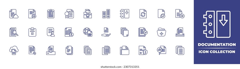 Documentation line icon collection. Editable stroke. Vector illustration. Containing file, patient, certificate, documents, archive, document, refresh, check, delete, information, wrong, form, info.