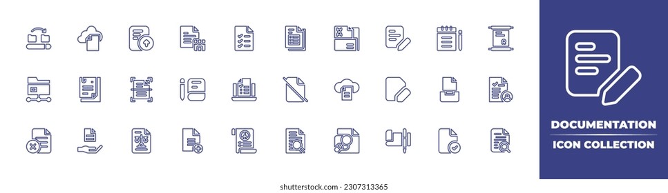 Colección de iconos de la línea de documentación. Trazo editable. Ilustración vectorial. Conteniendo documento, carga de archivos, lista, tabla de datos, papel, documento legal, documentos, escáner, aprendizaje en línea, nube, archivo.