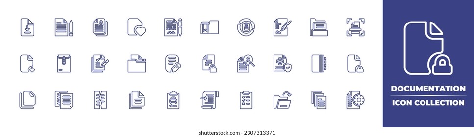 Documentation line icon collection. Editable stroke. Vector illustration. Containing download, document, personal data, file, agreement, folder, document file, contract, scan, writing, job search.