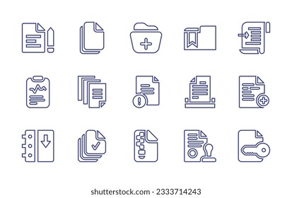 Documentation line icon collection. Editable stroke. Vector illustration. Containing document, add, folder, data, alert, submit, new document, version, zip file, approved, encryption.