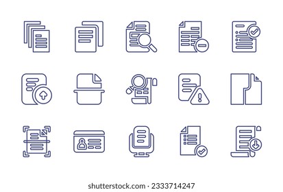 Documentation line icon collection. Editable stroke. Vector illustration. Containing document, criminal record, delete document, exam, file upload, file, paper, scanner, driving license, checklist.