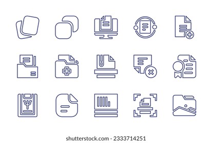 Documentation line icon collection. Editable stroke. Vector illustration. Containing papers, copy, computer, file, add file, documents, medical records, zip file, cancel, certificate, document, scan.