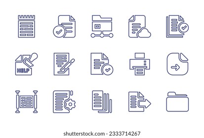 Documentation line icon collection. Editable stroke. Vector illustration. Containing note, file, document, documents, stamp, printing machine, job description.