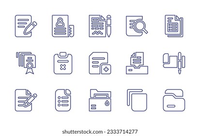 Documentation line icon collection. Editable stroke. Vector illustration. Containing writing, document, agreement, file, data table, wrong, add document, archive, check, copy, folder.
