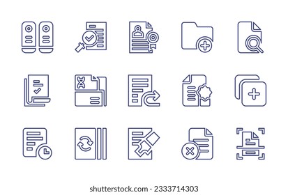 Documentation line icon collection. Editable stroke. Vector illustration. Containing archive, quality control, certified, add, document, file, copy, clock, recycled paper, scan.