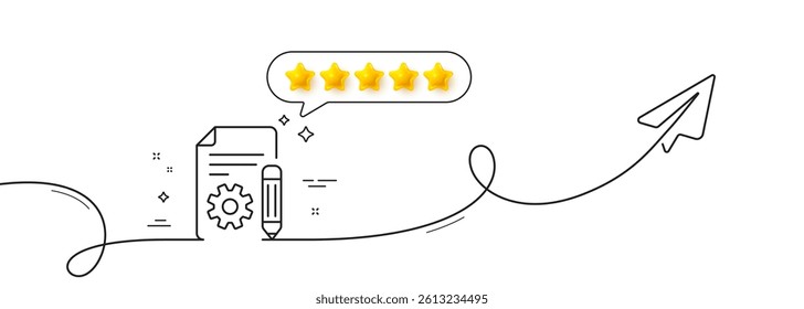 Documentation line icon. Continuous line with share plane. Technical instruction sign. Five star rate review in speech bubble. Documentation single line ribbon. Loop curve pattern. Vector