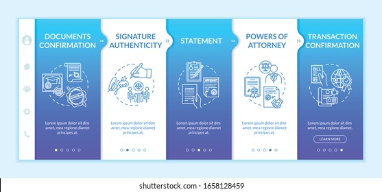 Documentation matters onboarding vector template. Notarial support. Notarization and apostille. Responsive mobile website with icons. Webpage walkthrough step screens. RGB color concept
