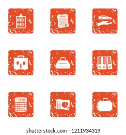 Documentation on car icons set. Grunge set of 9 documentation on car vector icons for web isolated on white background