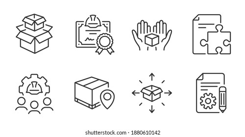 Documentation, Parcel delivery and Packing boxes line icons set. Certificate, Engineering team and Parcel tracking signs. Strategy, Hold box symbols. Project, Logistics service, Delivery box. Vector