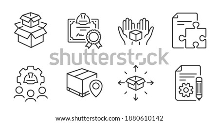 Documentation, Parcel delivery and Packing boxes line icons set. Certificate, Engineering team and Parcel tracking signs. Strategy, Hold box symbols. Project, Logistics service, Delivery box. Vector