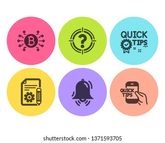 Documentation, Quick tips and Bitcoin system icons simple set. Clock bell, Headhunter and Education signs. Project, Helpful tricks. Business set. Flat documentation icon. Circle button. Vector