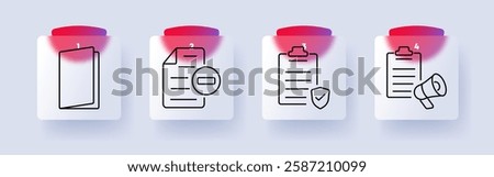 Documentation set icon. Open folder, file with minus sign, checklist with shield, clipboard with megaphone, organization, security, business, paperwork, announcements