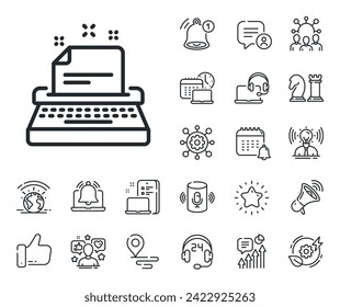 Documentation sign. Place location, technology and smart speaker outline icons. Typewriter line icon. Typewriter line sign. Influencer, brand ambassador icon. Support, online offer. Vector