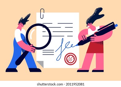 Documentation Signature service company concept. Woman notary cartoon character or lawyer signing paper official document with pen vector illustration