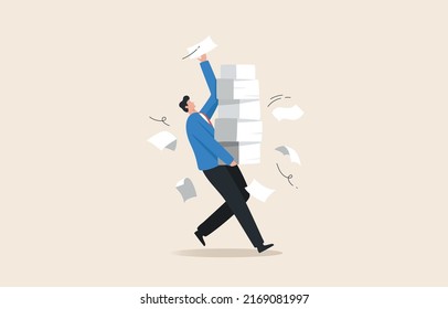 Documentation staff. Responsibilities beyond the limit. Working too hard. An employee or businessman holds a large pile of documents.