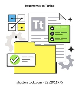 Documentation testing. Software testing tool. Code testing and debugging. IT specialist searching for bugs. Website and application development. Flat vector illustration