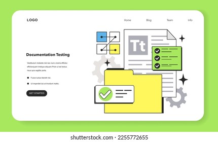 Documentation testing web banner or landing page. Software testing tool. Code testing and debugging. IT specialist searching for bugs. Website and application development. Flat vector illustration