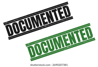 DOCUMENTED text stamp set. Grunge stamp vector design.