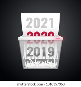 Documents 2019, 2020, 2021 is cut into shredder on dark background. Clipping paths included.