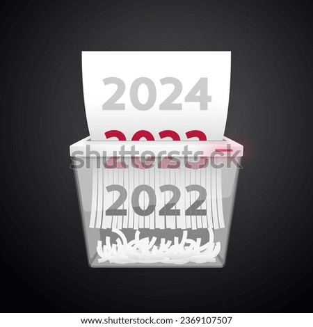 Documents 2022, 2023, 2024 is cut into shredder on dark background. Clipping paths included.