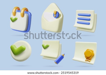 Documents 3d icons collection for office work and business. Checklist, mail, contract, paper sheets with check mark three dimensional vector elements set.