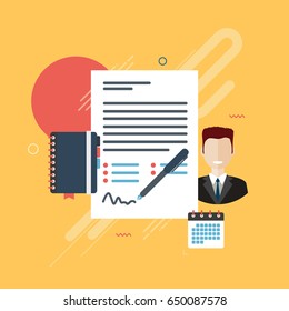 Documentos de acuerdo o informes con datos para la firma, empresario, libro de citas y calendario en forma de iconos. Gráficos en fondo amarillo. Ilustración vectorial de diseño plano.