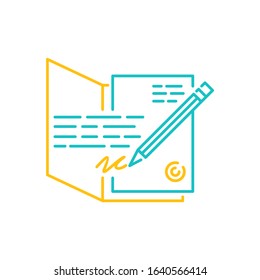 Documents approval and contract signing icon - pencil, folder and agreement document paper in flat outline style - isolated vector emblem