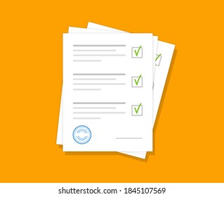 Documents with approval and stamp. Stack of agreement business papers. Approved document.