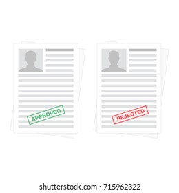 Documents with approved stamp and rejected stamp. White sheets of paper. Endorsed, agreed, validated symbol. Refused, deflected, deviated logo. Flat design. Vector illustration.