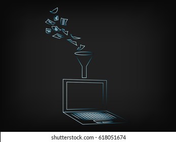 documents being elaborated and processed into a laptop through a funnel, funny technology metaphor (vector on mesh background)