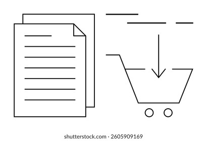 Documents being transferred into a shopping cart symbol with downward arrow. Ideal for e-commerce, digital marketing, online shopping, document management, business solutions, data organization