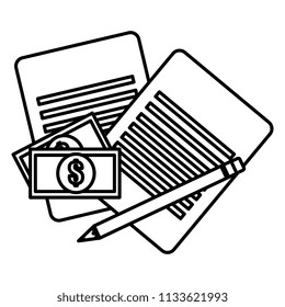 documents with bills dollars and pencil
