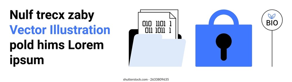 Documents with binary code in a folder, blue padlock symbolizing security, eco-friendly BIO sign. Ideal for cybersecurity, data protection, privacy, technology, environmentally friendly practices