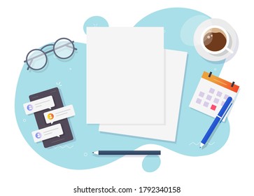 Documents blank empty flat lay for copy space text on workplace table desk top view clean paper sheet pages desktop vector illustration, concept of education learning, writing content