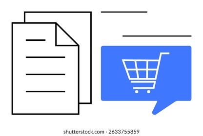 Documents and blue digital shopping cart icon inside chat bubble. Ideal for online shopping, e-commerce, digital marketing, customer support, business transactions, virtual assistance, document