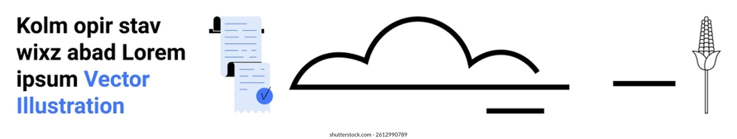 Documents with blue seals, black cloud shape, horizontal lines, and corn cob symbol. Ideal for technology, agriculture, cloud storage, education, environment, document management, and web design