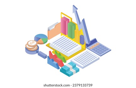 Documents for calculation.preparing graph charts. Accounting concept.on white background.3D design.isometric vector design Illustration.